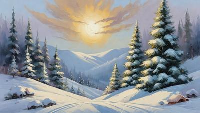 The primary subject of the image is a beautiful snowy mountain landscape with a sunny sky. The setting is a snow-covered mountain range, and the visual style is an illustration or painting. The colors and mood of the image are predominantly white and serene, creating a peaceful and tranquil atmosphere.